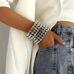 Gümüş Renk Gotik Punk Bileklik Unisex (Zamak Spike Malzeme)