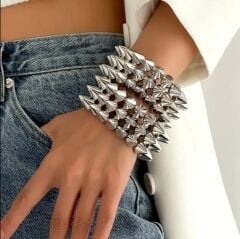 Gümüş Renk Gotik Punk Bileklik Unisex (Zamak Spike Malzeme)