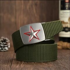 123 cm. Haki Renk Metal Yıldızlı Toka Kemer Modeli Unisex