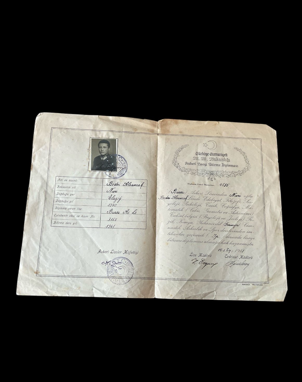 1941 Bursa Askeri Lisesi Bitirme Diploması