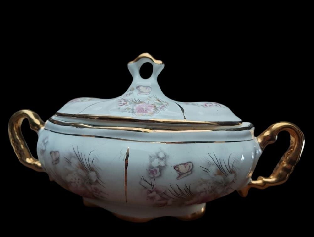 23x13 cm. Altın Varak Süslemeli Çiçek Desenli Porselen Gondol Şekerlik