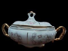 23x13 cm. Altın Varak Süslemeli Çiçek Desenli Porselen Gondol Şekerlik