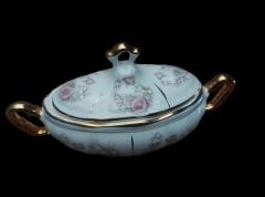 23x13 cm. Altın Varak Süslemeli Çiçek Desenli Porselen Gondol Şekerlik