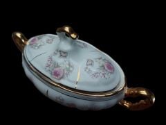 23x13 cm. Altın Varak Süslemeli Çiçek Desenli Porselen Gondol Şekerlik