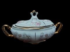 23x13 cm. Altın Varak Süslemeli Çiçek Desenli Porselen Gondol Şekerlik