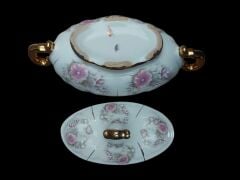 23x13 cm. Altın Varak Süslemeli Çiçek Desenli Porselen Gondol Şekerlik