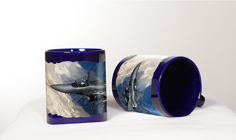 Siyah Uçak ve Dağlar Baskılı Mavi Bardak (Model-9)