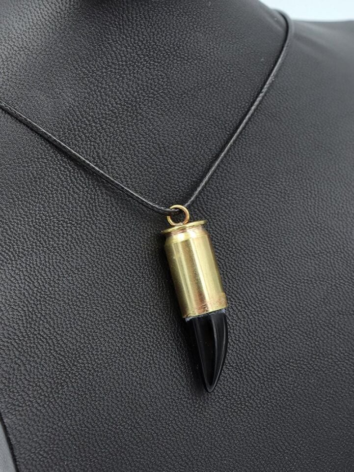 Doğal Siyah Taş Uç Mermi Kolye ( Zincirli-45mm Kovan)
