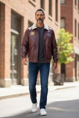 Bordo-Kahve Renk S. Deri Pilot Mont Miflonlu  Unisex (XL Beden) Sıfır Ürün