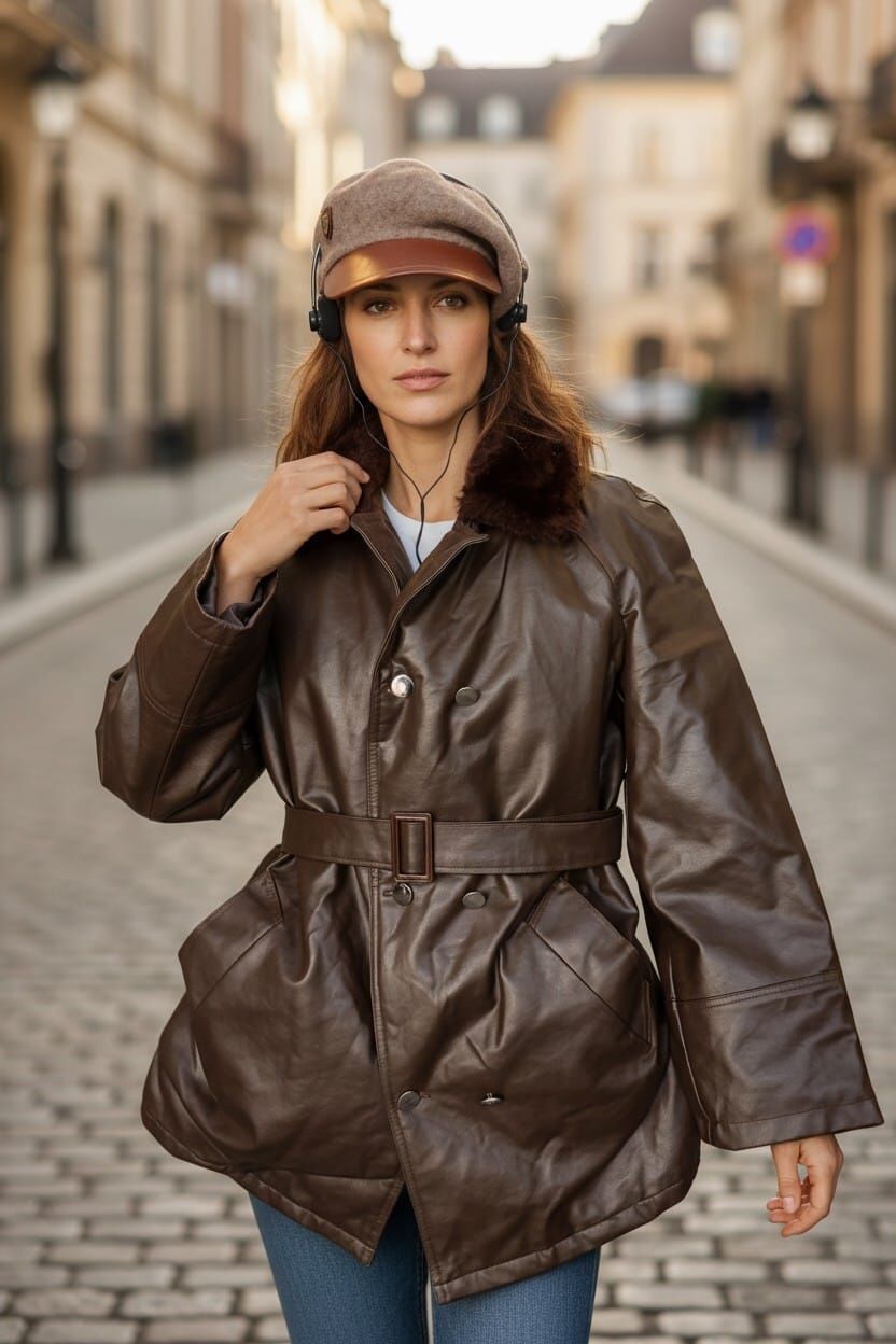 Military Fashion S. Deri Kürk Yaka Pardesü (Mont-Gocuk) S Beden + Bere-Şapka + Dönem Kulaklık (Sıfır Ürünler)