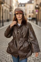 Military Fashion S. Deri Kürk Yaka Pardesü (Mont-Gocuk) S Beden + Bere-Şapka + Dönem Kulaklık (Sıfır Ürünler)