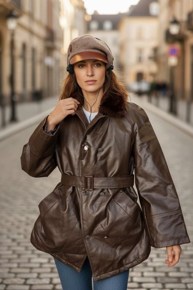 Military Fashion S. Deri Kürk Yaka Pardesü (Mont-Gocuk) S Beden + Bere-Şapka + Dönem Kulaklık (Sıfır Ürünler)