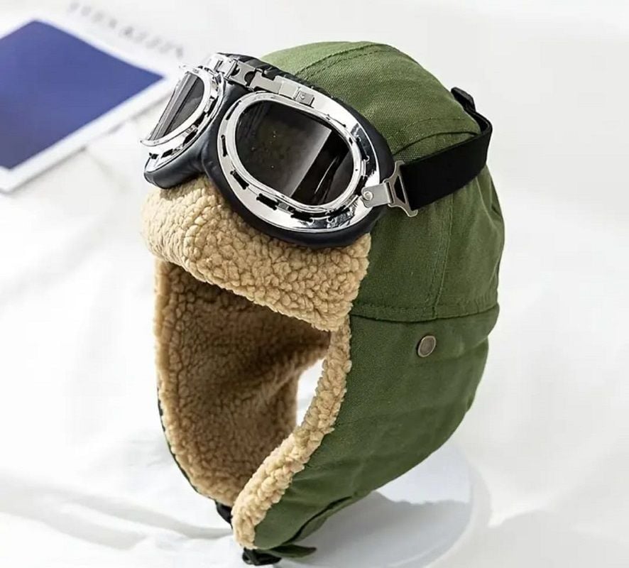 Haki Renk Nostaljik Pilot Şapkası Gözlüklü (Sıfır Ürün)