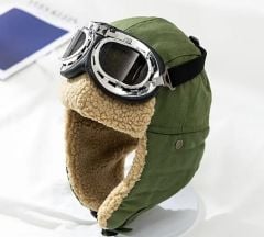 Haki Renk Nostaljik Pilot Şapkası Gözlüklü (Sıfır Ürün)