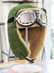 Haki Renk Nostaljik Pilot Şapkası Gözlüklü (Sıfır Ürün)