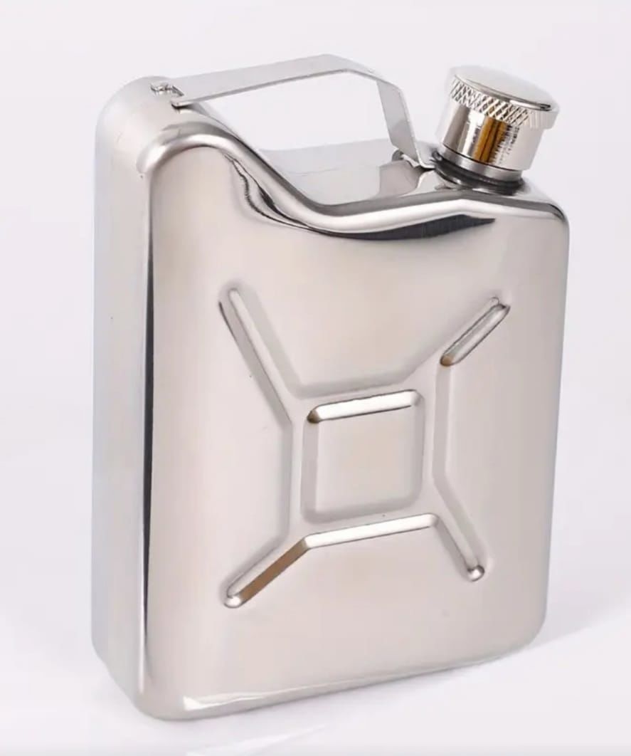 Paslanmaz Çelik Vidalı Kapak Benzin Bidonu Formunda  Cep Matarası (Krom Renk)