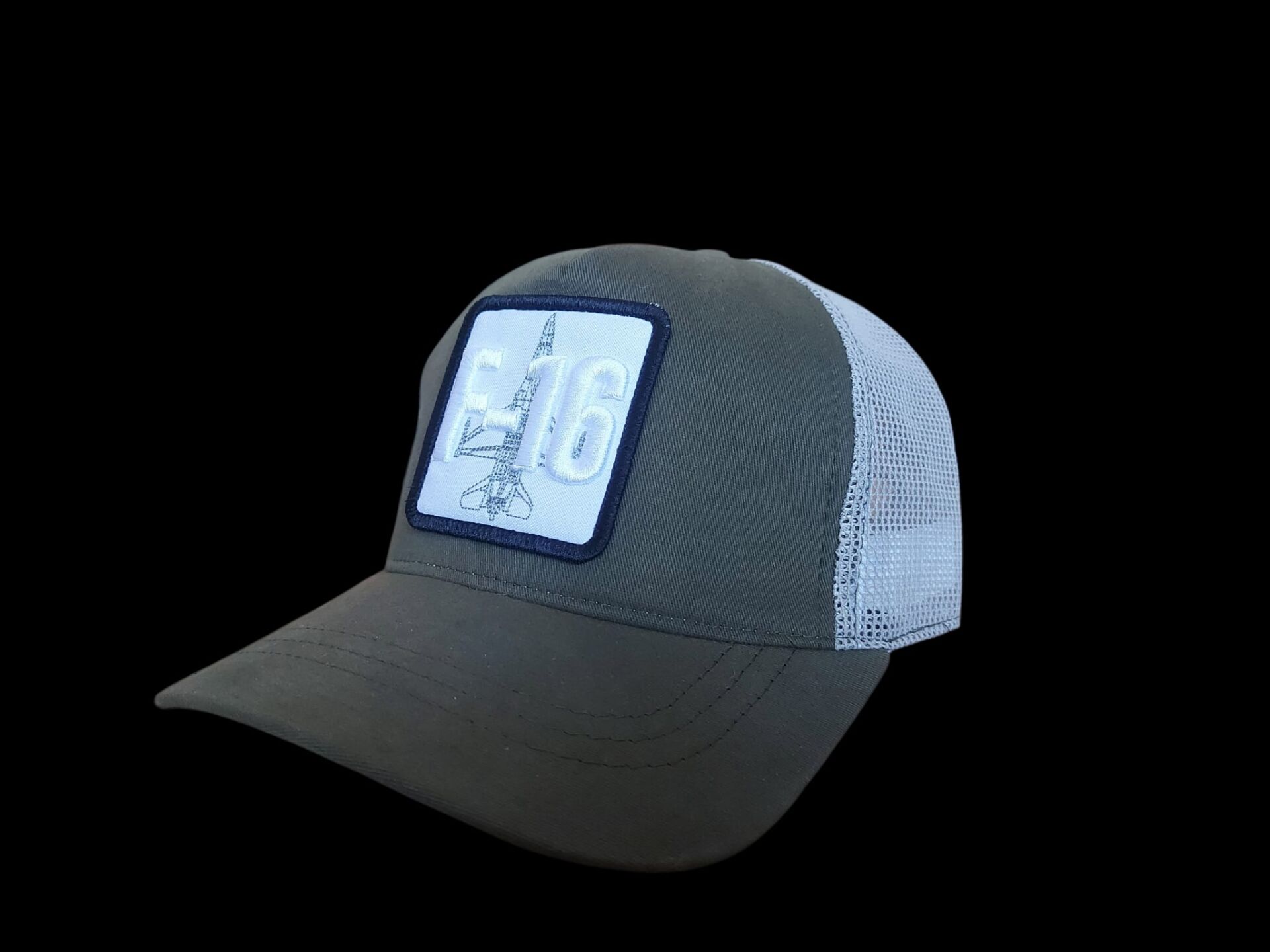 Haki Renk Beyaz Fileli Ayarlanabilir F-16 Kabartma Nakış Şapka Unisex