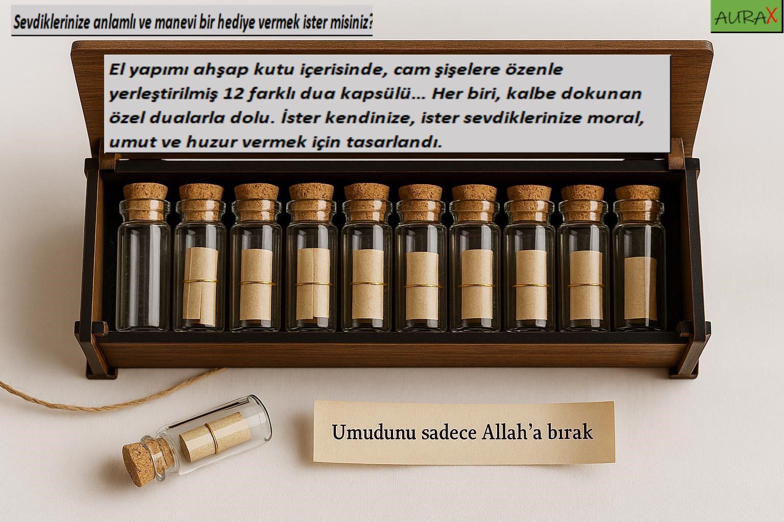 27x8 cm. El Yapımı Ahşap Kutusu İçinde 12 Adet Cam Tüpte Kalbe Dokunan Dualar