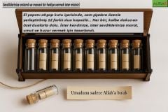 27x8 cm. El Yapımı Ahşap Kutusu İçinde 12 Adet Cam Tüpte Kalbe Dokunan Dualar
