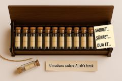 27x8 cm. El Yapımı Ahşap Kutusu İçinde 12 Adet Cam Tüpte Kalbe Dokunan Dualar