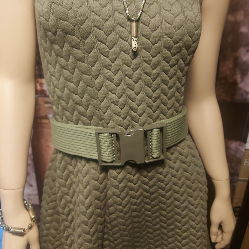 Military Fashion Parçalı Saç Örgü Desen Haki Elbise (LBeden)-Kemer-Kolye-Bileklik-Rozet