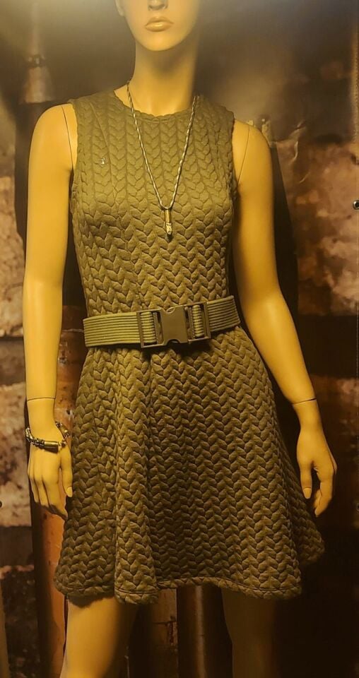 Military Fashion Parçalı Saç Örgü Desen Haki Elbise (LBeden)-Kemer-Kolye-Bileklik-Rozet