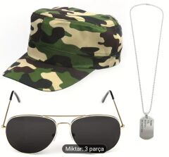 3 Parça Askeri Cosplay Seti Unisex (Şapka-Gözlük-Künye)