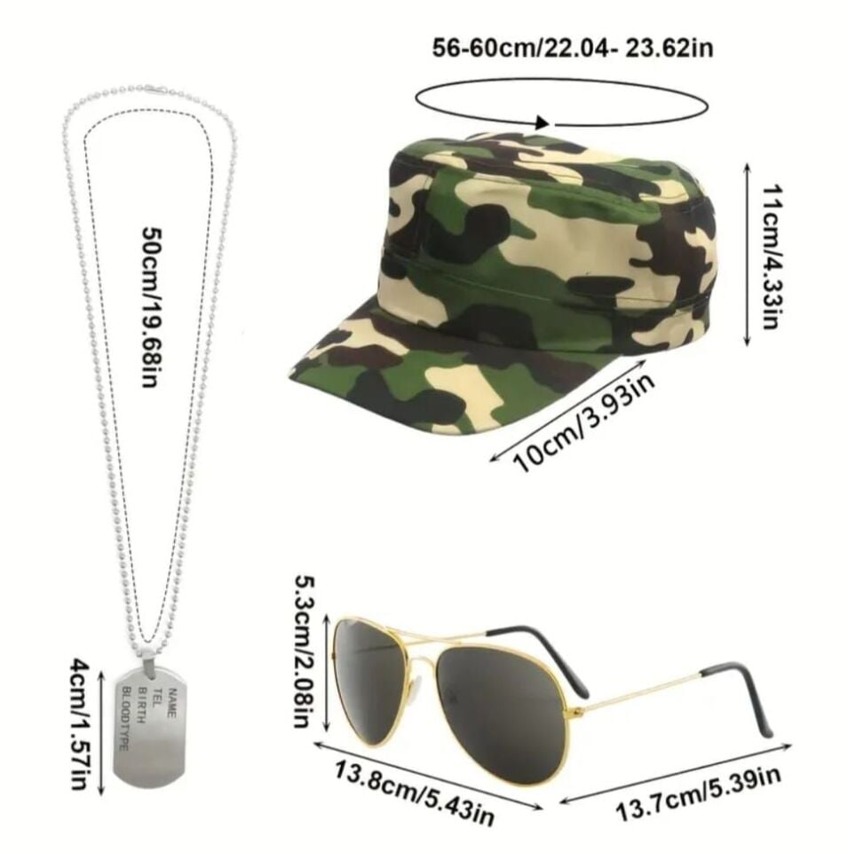 3 Parça Askeri Cosplay Seti Unisex (Şapka-Gözlük-Künye)
