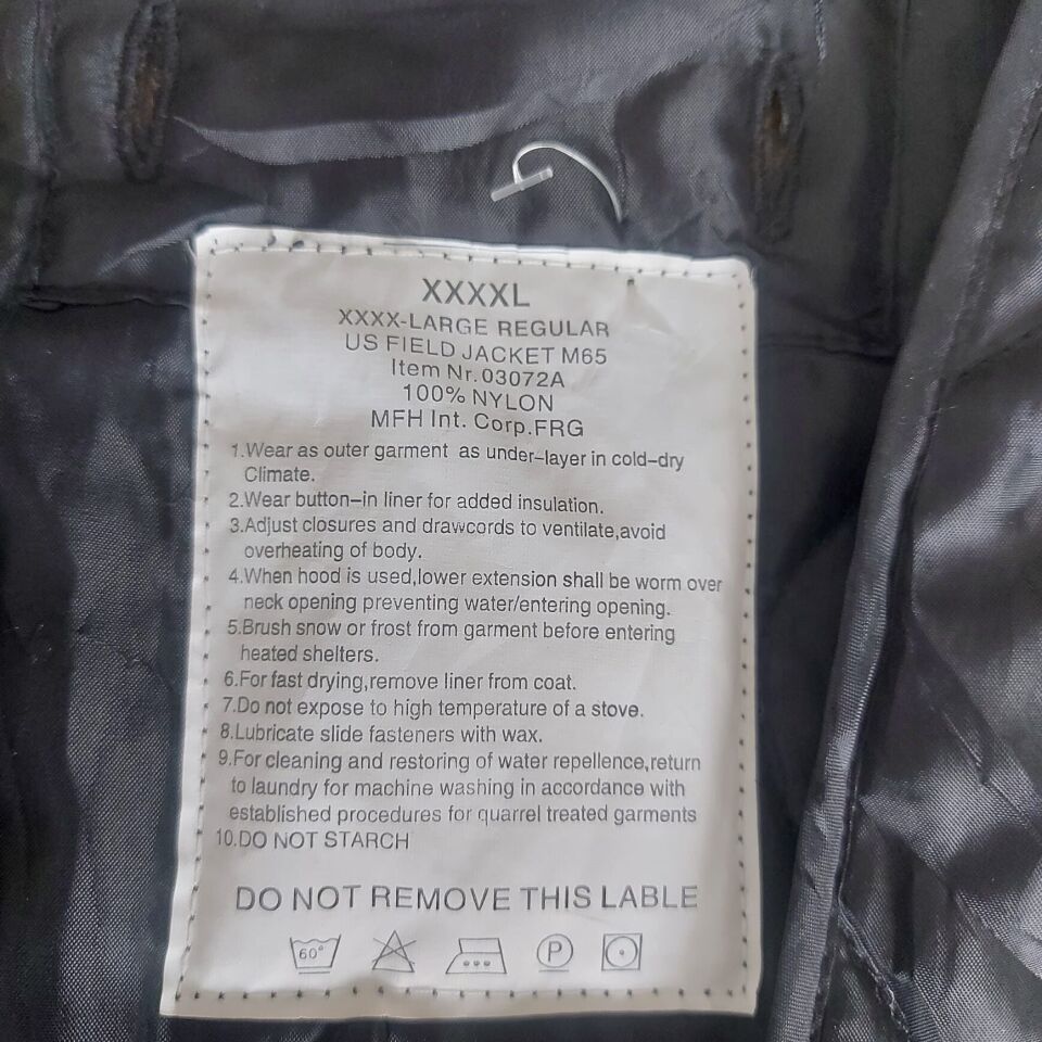 Siyah Renk M65 Field Jacket (Saha Ceketi) Liner (İç Astar) 4XL Beden