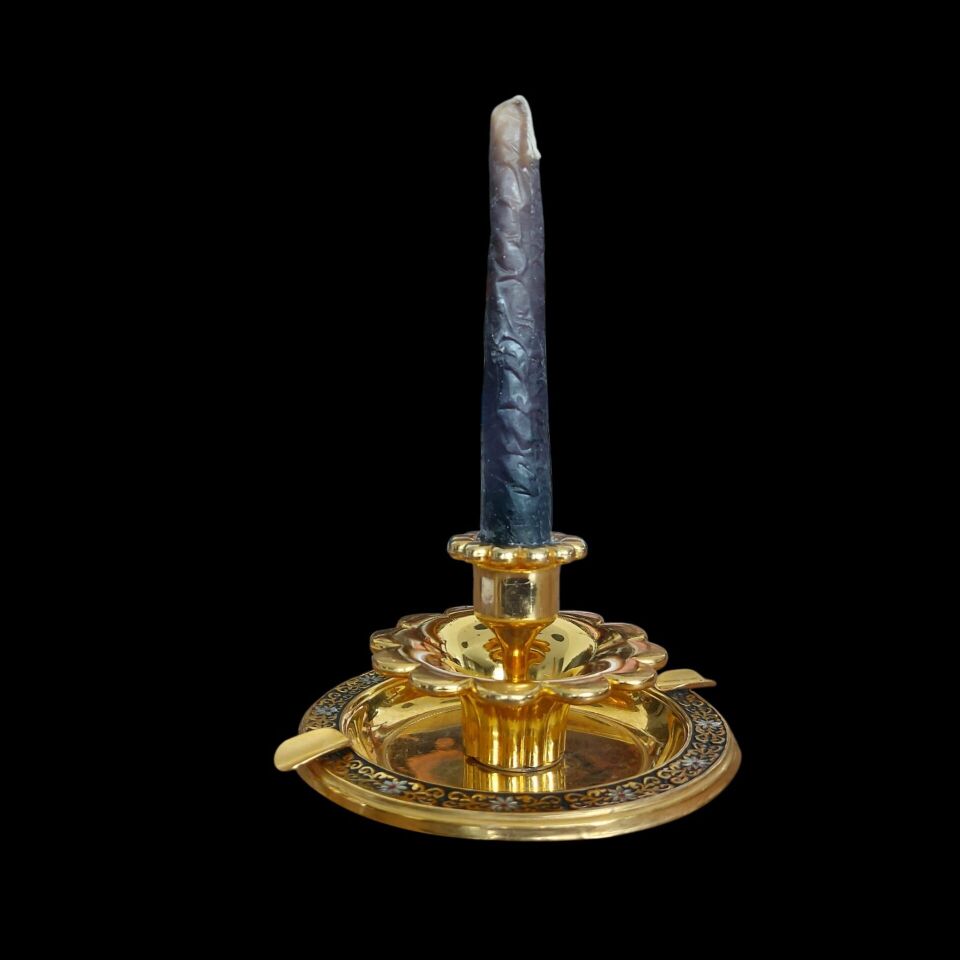 14x6 cm. Pirinç Üzeri Altın Kaplama Kül Tablası-Sunumluk-Şamdan Modeli (Mum Dahildir)