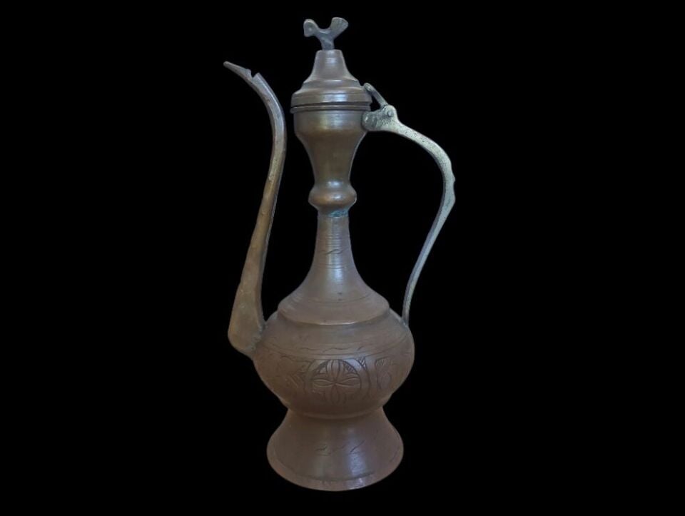 15x10x26 cm. Vintage Kalem İşi Süslemeli Bakır İbrik