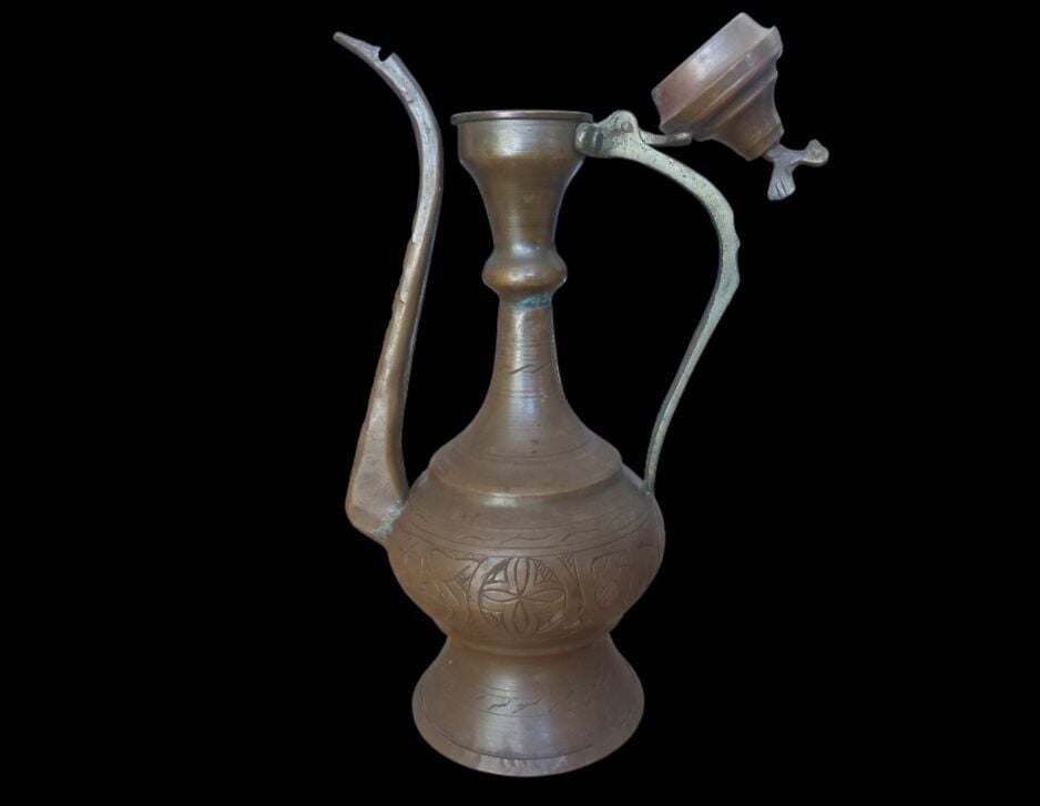 15x10x26 cm. Vintage Kalem İşi Süslemeli Bakır İbrik