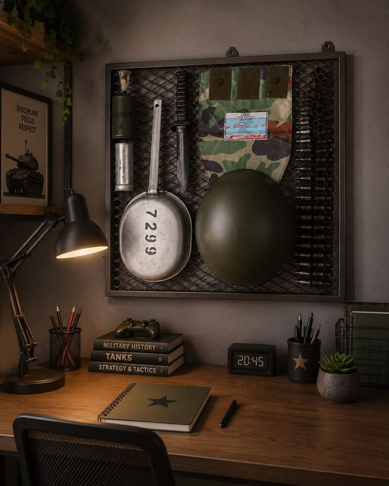 56x57 cm. Haki Renk Metal Pano Üzerinde 7 Farklı Çeşit Askeri Ürün