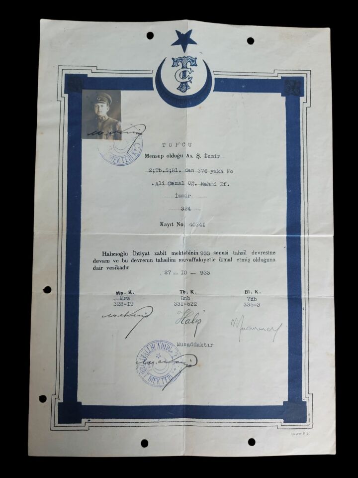 23x33 cm. Halıcıoğlu İhtiyat Zabit Mektebi Diploması 1933