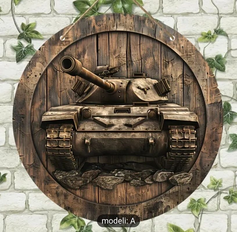 20 cm. Çap Tank Motifli Askılı Ahşap Tabela