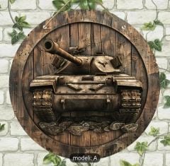 20 cm. Çap Tank Motifli Askılı Ahşap Tabela