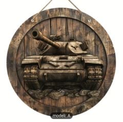 20 cm. Çap Tank Motifli Askılı Ahşap Tabela