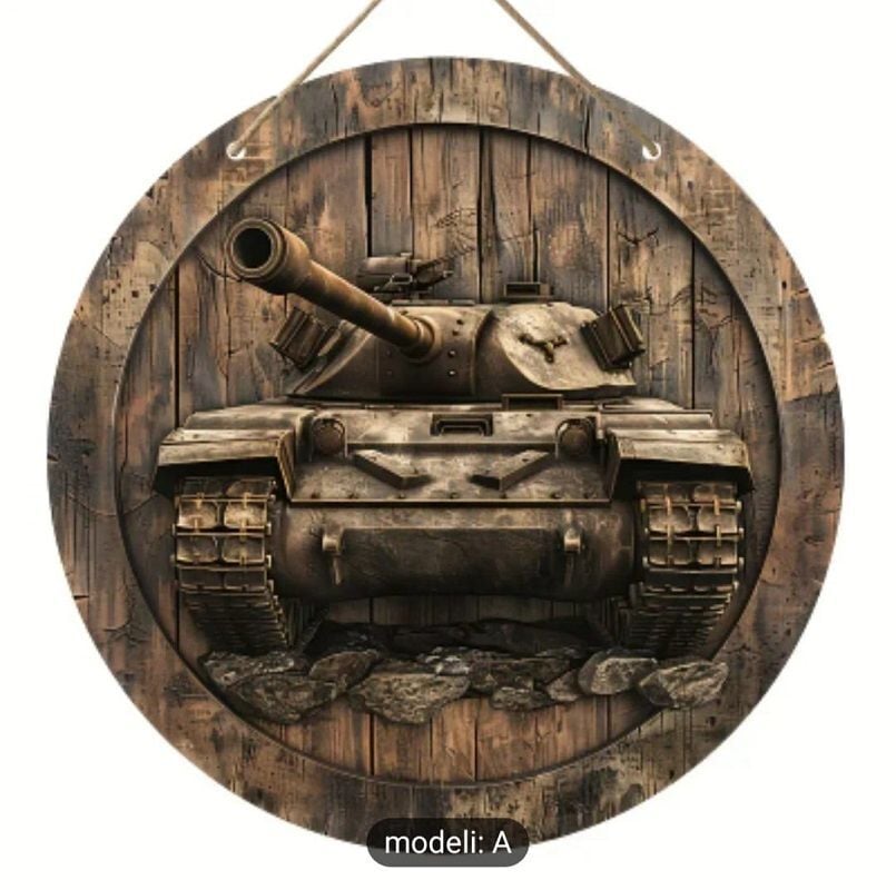 20 cm. Çap Tank Motifli Askılı Ahşap Tabela