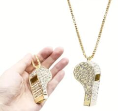 Altın Renk Kristal Metal Taşlı Zincirli Düdük Kolye