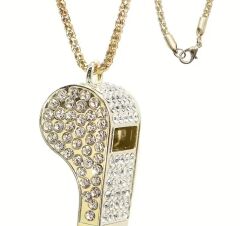 Altın Renk Kristal Metal Taşlı Zincirli Düdük Kolye