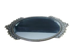 30x15 cm. Vintage Swarovski Taş Süslemeli Ayna Camlı Pirinç Kahve Tepsisi