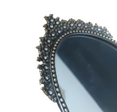 30x15 cm. Vintage Swarovski Taş Süslemeli Ayna Camlı Pirinç Kahve Tepsisi