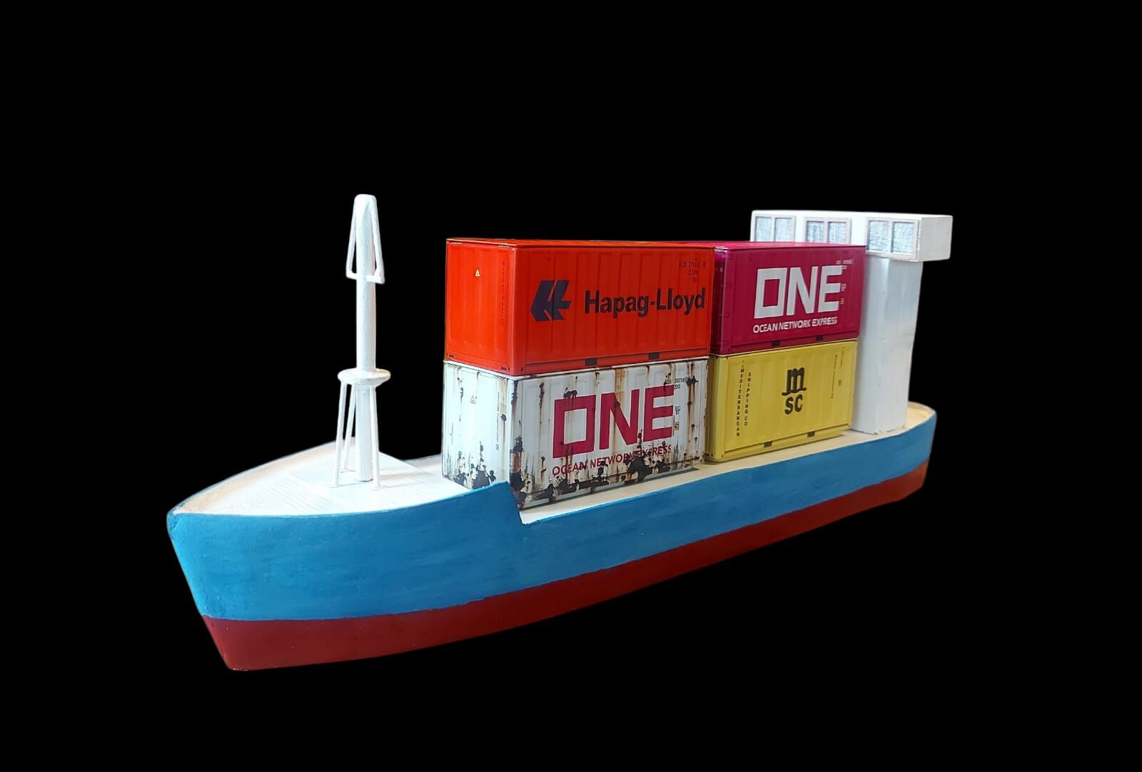 45x10x16 cm. El Yapımı Ahşap Konyeyner Gemisi(4 Adet Metal Konteyner Dahil)