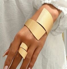 Donna Gold Renk Geometrik Mat Tasarım Bileklik Yüzük Seti