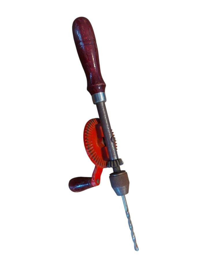 28 cm. Ahşap Saplı ve Tutmaçlı İtmeli Eski Dönem El Matkabı