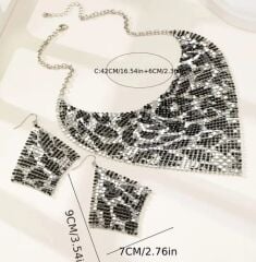 Donna Gold Leopar Payetli 3 Parça Bohem Kolye ve Küpe Seti