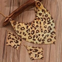 Donna Leopar Desenli Payetli Kolye Küpe Seti