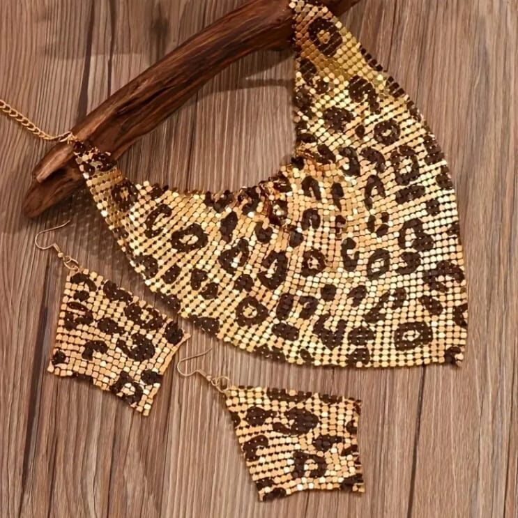 Donna Leopar Desenli Payetli Kolye Küpe Seti
