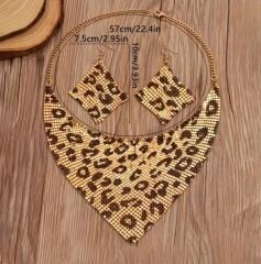 Donna Leopar Desenli Payetli Kolye Küpe Seti