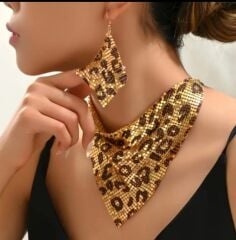Donna Leopar Desenli Payetli Kolye Küpe Seti